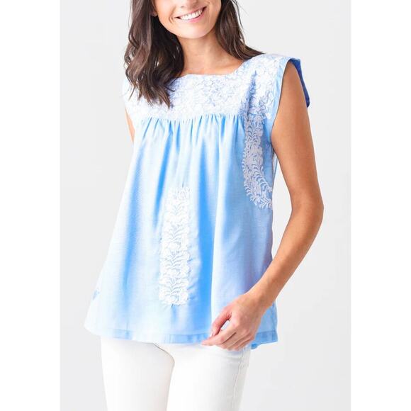 Mi Golondrina Flores Embroidered Mexican Top Blouse Blue White Cotton Tuckernuck - Picture 3 of 5